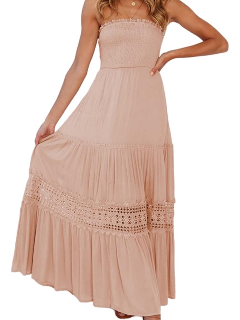NWT Strapless Summer Boho Maxi Dress Smocked Tiered Crochet Cottagecore - Picture 2 of 6
